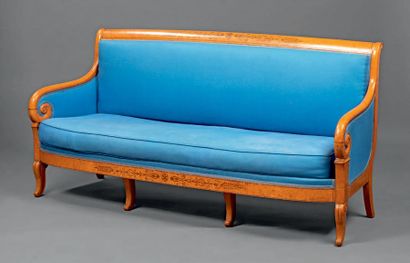 null Sofa with upside down back and arms in speckled maple stock inlaid with rosewood...