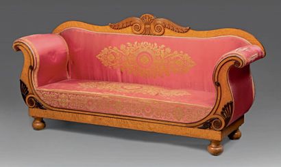 null Sofa with a flat back carved with a palmette in speckled maple veneer and amaranth...