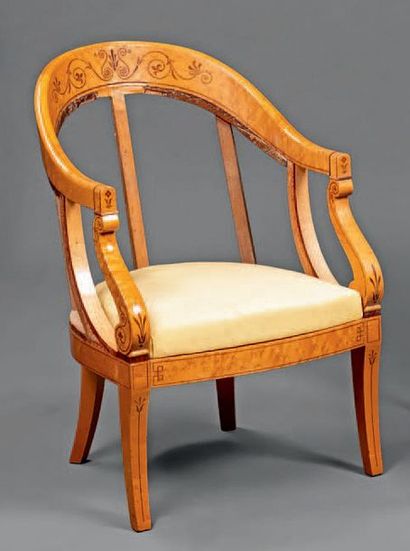 null Gondola armchair with speckled maple veneer frame inlaid with rosewood scrolls.
Console...