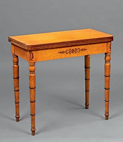 null Game table with a folding top in speckled maple veneer inlaid with rosewood...