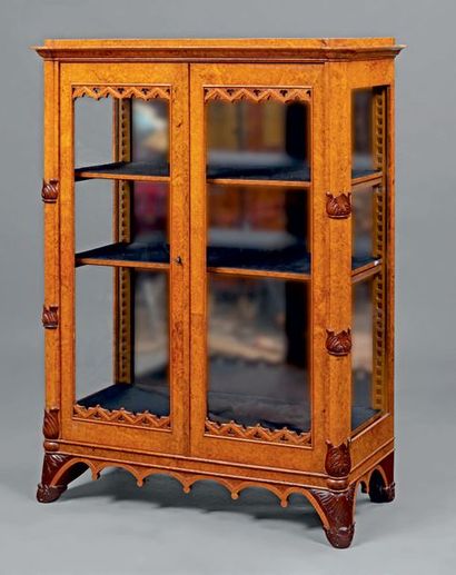 null Thuja veneer display case with glass doors and sides, with glass bottom. Column...