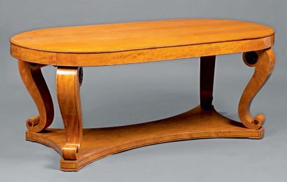 null Middle table in lemon tree veneer and amaranth fillets. Four console uprights...