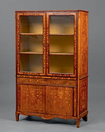 null Mahogany veneer display cabinet inlaid with flowers, birds and lemon vases opening...