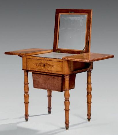 null Table with flap forming a dressing table in speckled maple veneer with inlaid...