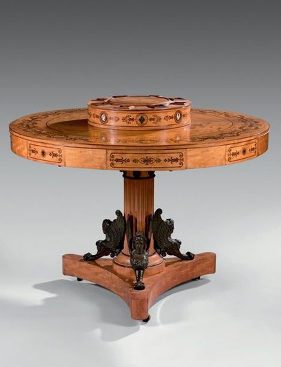  Pedestal table forming a trilan game table in maple veneer with inlaid decoration...