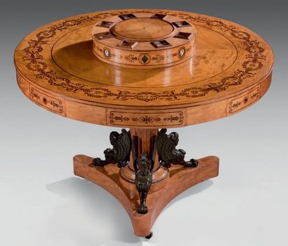 null Pedestal table forming a trilan game table in maple veneer with inlaid decoration...