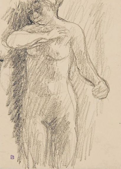 Pierre BONNARD (1867-1947) Nude at her toilet, right arm folded, ca. 1912
Black pencil...