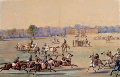 École du XIXe siècle Chantilly, chevaux à l'entraînement
Gouache.
(Piqûres, pliures...