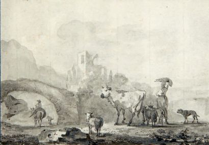 École FRANÇAISE du XVIIIe siècle Lavandière and her herd; in the background, a bridge...