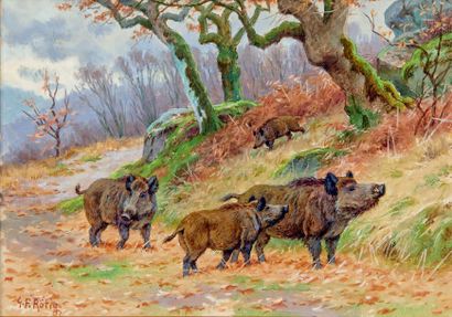 Georges Frédéric ROTIG (1873-1961) Company of wild boars
Gouache, signed lower left.
16...