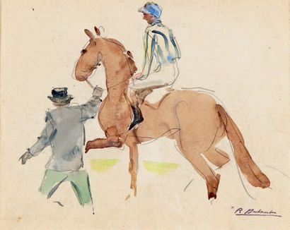 PIERRE OLIVIER DUBAUT (1886-1968) Jockey et groom
Aquarelle, porte le timbre de la...