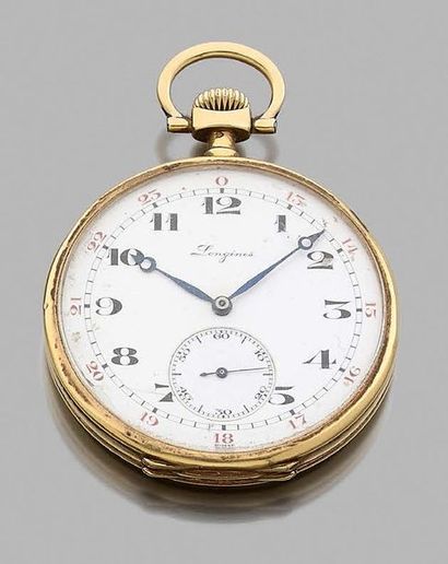 LONGINES Pocket watch in 750 thousandths yellow gold, monogrammed back, white enamelled...