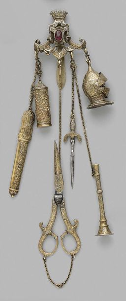 null Chatelaine in openwork vermeil with leather decoration surmounted by a count's...