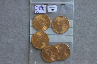 null Lot de cinq pièces de 20 dollars US en or de 1924.