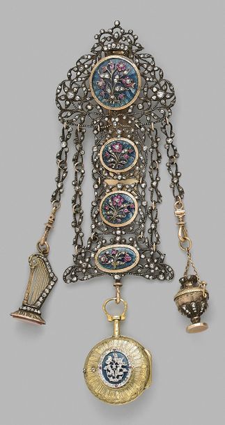null Silver and vermeil chatelaine set with rose-cut diamonds, with four medallions...