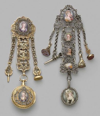 null Set of two castelains:
- One in metal decorated with polychrome porcelain miniatures...
