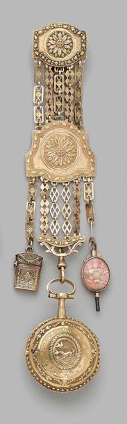 null Two-tone gold castelaine with five and six strands of openworked links decorated...