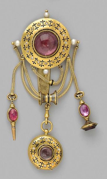 MELLERIO Round-shaped yellow gold chatelaine adorned in the centre with a glass cabochon...