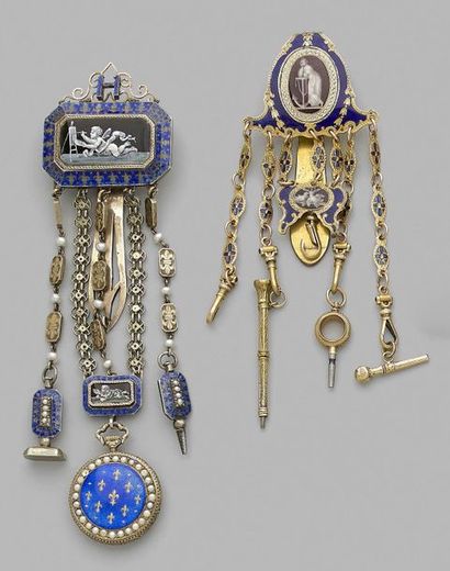 null Set of two castelaines in silver and gilded metal enamelled in polychromy, decorated...