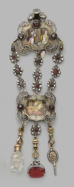 null Silver chain decorated with synthetic stones and set with two polychrome miniatures...
