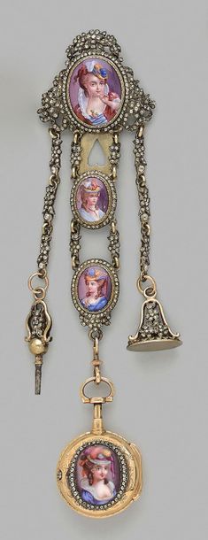 null Vermeil chain decorated with three medallions set with polychrome miniatures...