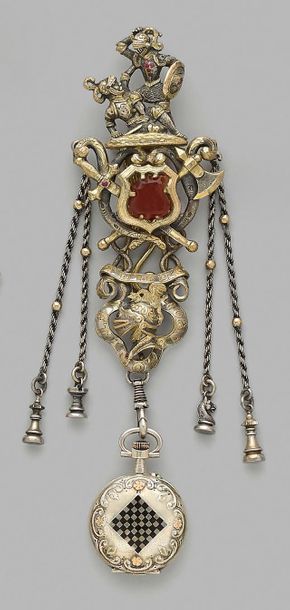 null Chatelaine in openwork and engraved silver and vermeil, decorated in the centre...