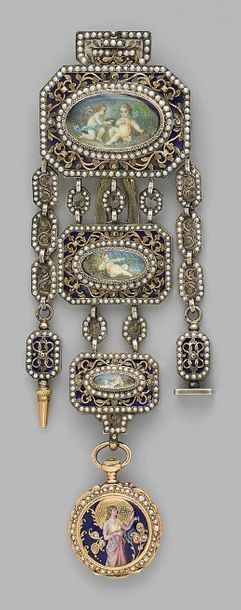 null A silver and vermeil castelaine composed of three rectangular cut-sided motifs,...