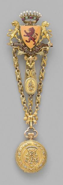 null A yellow gold castelaine, adorned with enamelled coats of arms surmounting a...