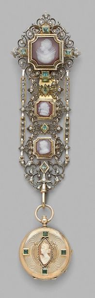 null Openwork gold castelaine, adorned with three falling cornelian cameos, representing...