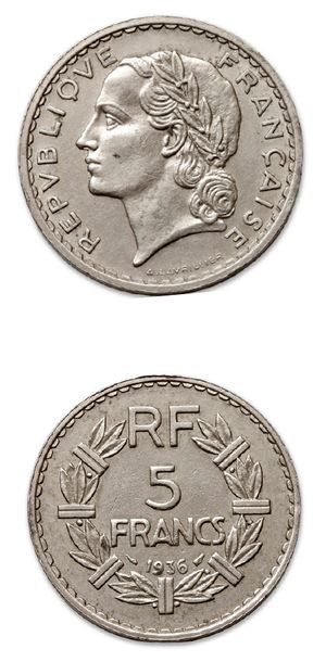 null TROISIÈME RÉPUBLIQUE (1871-1940)
5 francs Lavrillier. 1936.
G. 760. Superbe...