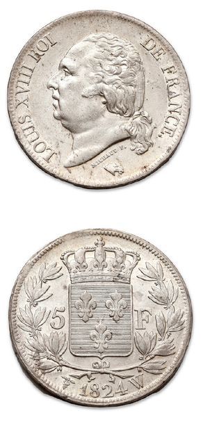 null LOUIS XVIII: 5 francs: 4 exemplaires. 1814Q, 1819B, 1823M et 1824W.
Quart de...