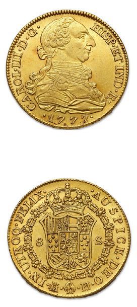 null Charles III (1759-1788)
8 escudos d'or. 1777. Madrid.
Fr. 282 Presque super...