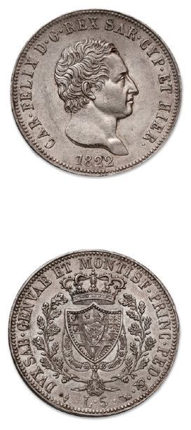 null SARDAIGNE
Charles Félix (1821-1831)
5 lire. 1822. Turin. C. 105-1. Superbe.