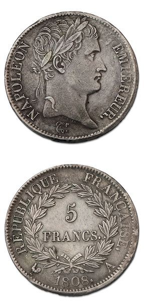 null Type tête laurée, revers RÉPUBLIQUE
5 francs. 1808. Paris.
G. 583. Presque ...
