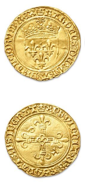 null CHARLES VIII (1483-1498)
Écu d'or au soleil, type à la croix cantonnée de lettres.
Poitiers...