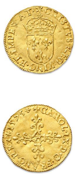null HENRI III (1574-1589)
Écu d'or au nom de Charles IX. 1575. La Rochelle.
D. 1098a.
TTB...