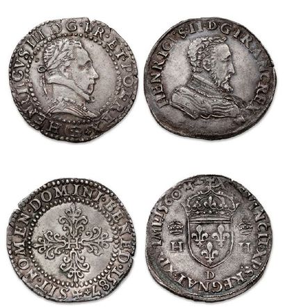 null HENRI III (1574-1589)
Demi franc au col plat. 1587. Poitiers.
Quart d'écu. 1587....