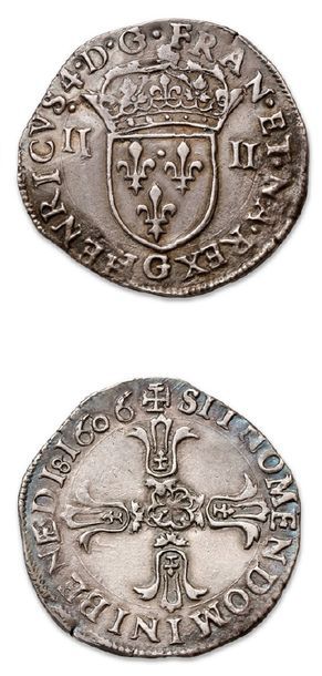null HENRI IV (1589-1610)
Quart d'écu, 2e type. 1606. Poitiers.
D. 1224b. Presque...