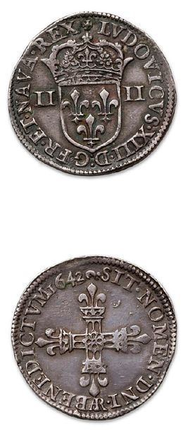 null LOUIS XIII (1610-1643)
Quart d'écu, 1er type. 1642. Arras.
D. 1332b. Presque...