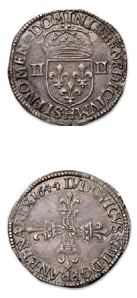 null LOUIS XIV (1643-1715)
Quart d'écu, 1er type. 1644. La Rochelle.
D. 1451. Presque...