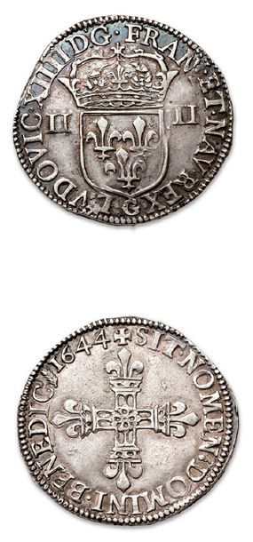 null LOUIS XIV (1643-1715)
Quart d'écu, 1er type. 1644. Poitiers.
D. 1451a. Presque...