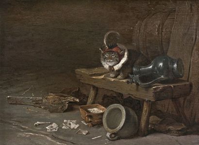 Cornelis SAFTLEVEN (c. 1607-1681) Intérieur de cuisine avec un chat
Huile sur panneau.
16,8...