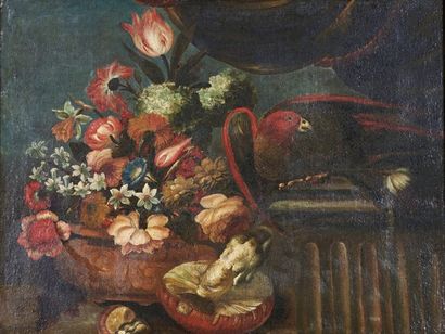 Ecole Italienne du XVIIIe siècle Nature morte au perroquet et champignon
Huile sur...