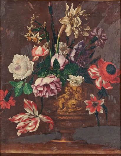 École ITALIENNE de la fin du XVIIe siècle Bouquets de fleurs dans des vases en pierre
Deux...