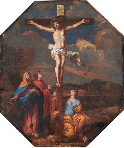 École Française du XVIIe siècle Crucifixion
Oil on octagonal shaped canvas.
(Small...
