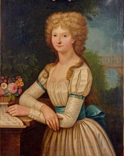 École FRANÇAISE de la fin du XVIIIe siècle Portrait de femme à la partition de musique
Huile...