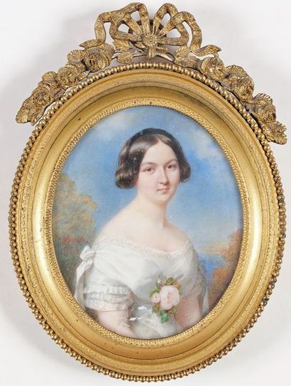 FRANÇOIS MEURET (1800-1887) Portrait of a young girl in a white
dress Oval miniature...