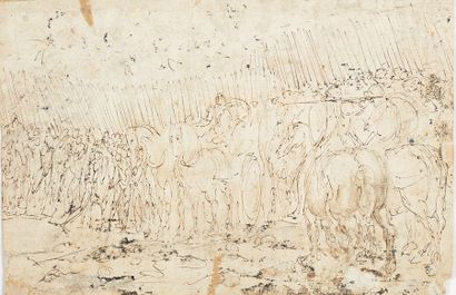 École ITALIENNE du XVIe siècle Battle
scenes Feather, washes, double-sided drawing.
18.4...