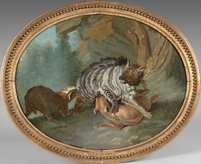 Atelier de Jean-Baptiste OUDRY (1686-1755) Hyena attacked by two dogs
Oil on canvas,...