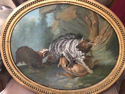 Atelier de Jean-Baptiste OUDRY (1686-1755) Hyène attaquée par deux chiens
Huile sur...